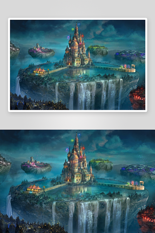 奇幻城堡悬浮瀑布奇景-众图网