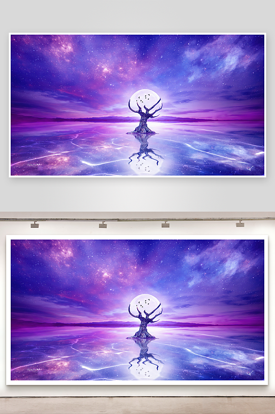 奇幻星空下的孤树与满月-众图网