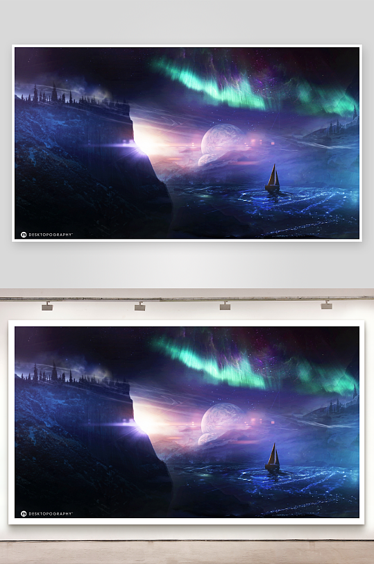 奇幻星空下的孤舟与极光-众图网