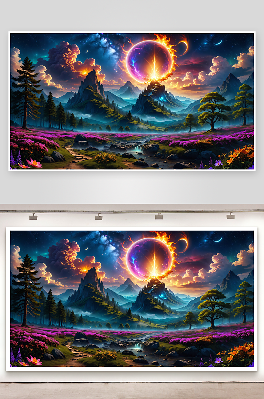 奇幻星空下的山林花海景观-众图网