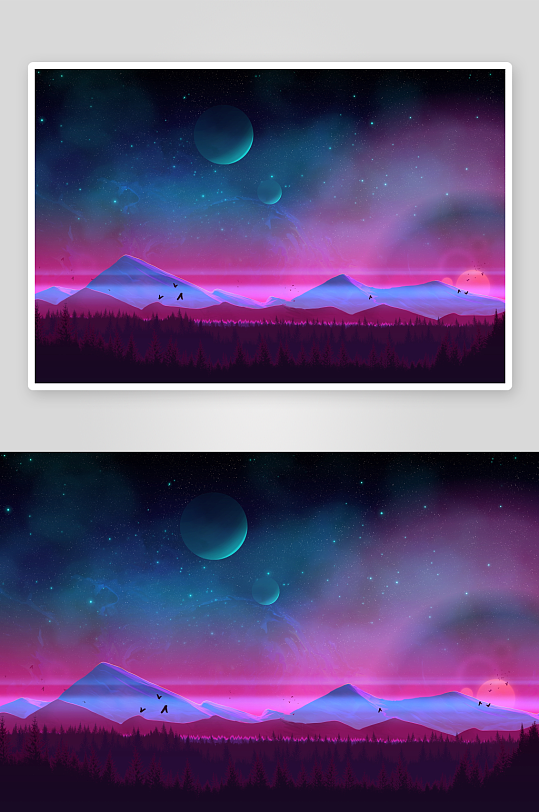 奇幻星空下的山脉与飞鸟-众图网