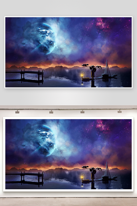 奇幻星空下的水乡夜景-众图网