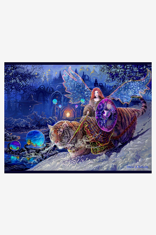 奇幻夜景中骑虎的翼人-众图网