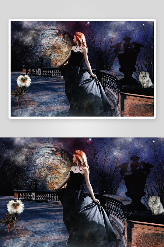 奇幻夜景中黑裙女子与动物相伴-众图网