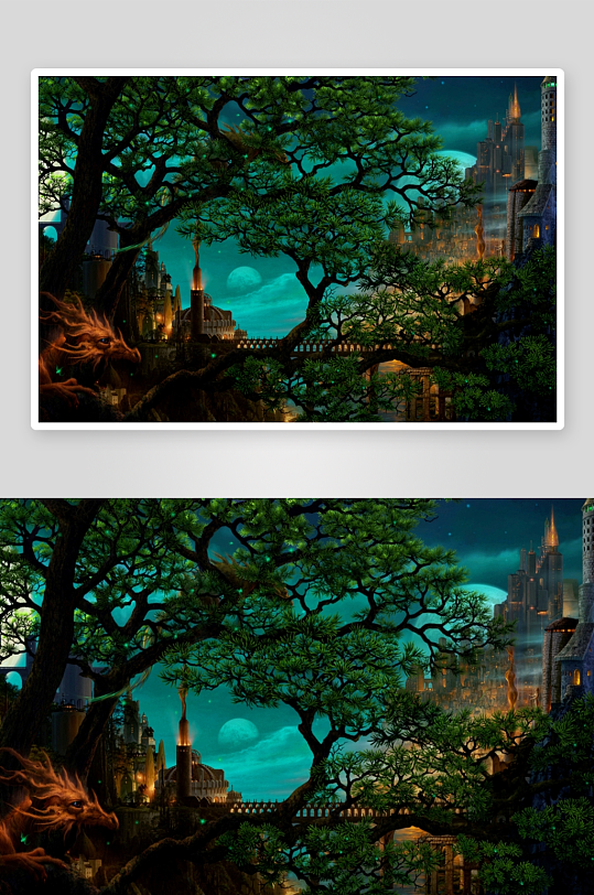 奇幻夜景古城与巨龙-众图网