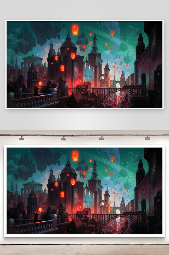 奇幻夜景城市灯笼飘浮-众图网