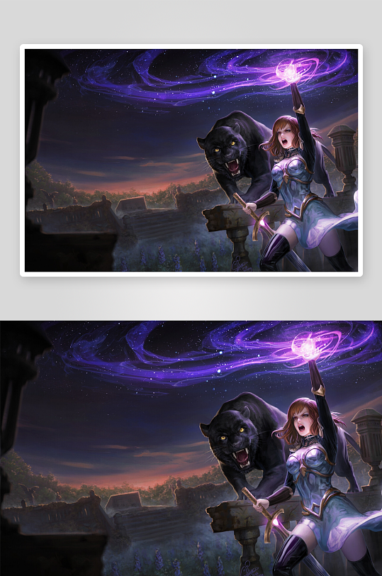 奇幻夜景女战士与黑豹-众图网