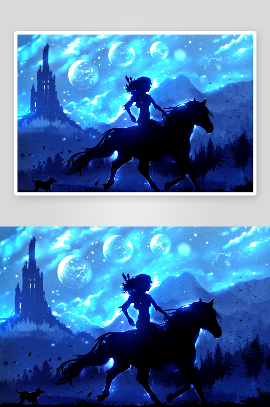 奇幻夜景少女骑马奔腾-众图网