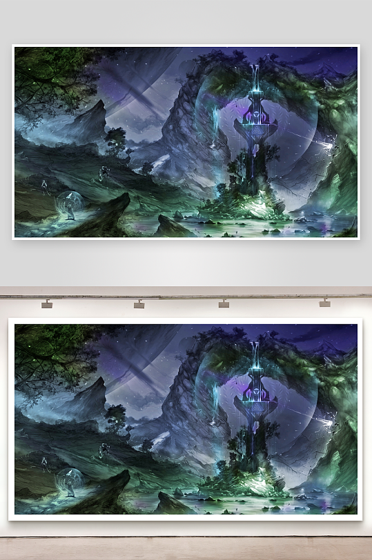 奇幻夜景山林中的神秘塔楼-众图网