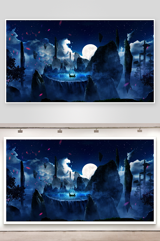 奇幻夜景山水画明月高悬瀑布飞流-众图网