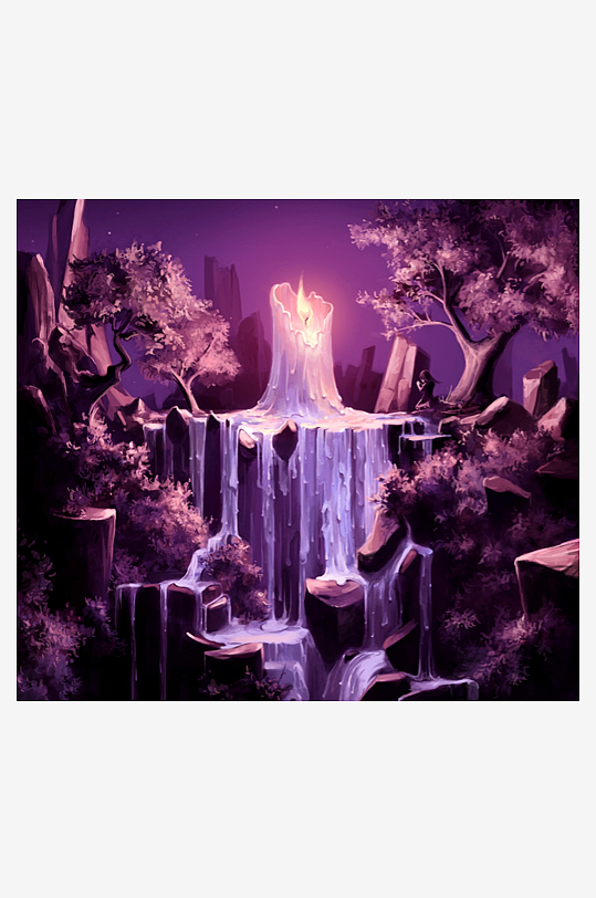 奇幻夜景瀑布烛光树影-众图网
