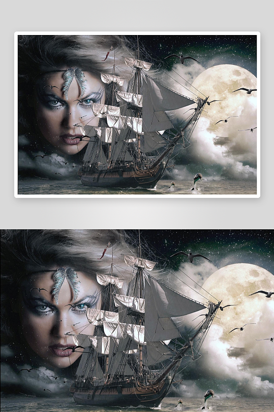 奇幻夜海帆船与神秘女子-众图网