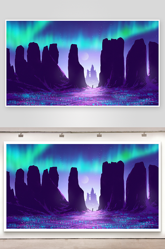 奇幻极光下的神秘峡谷景观-众图网