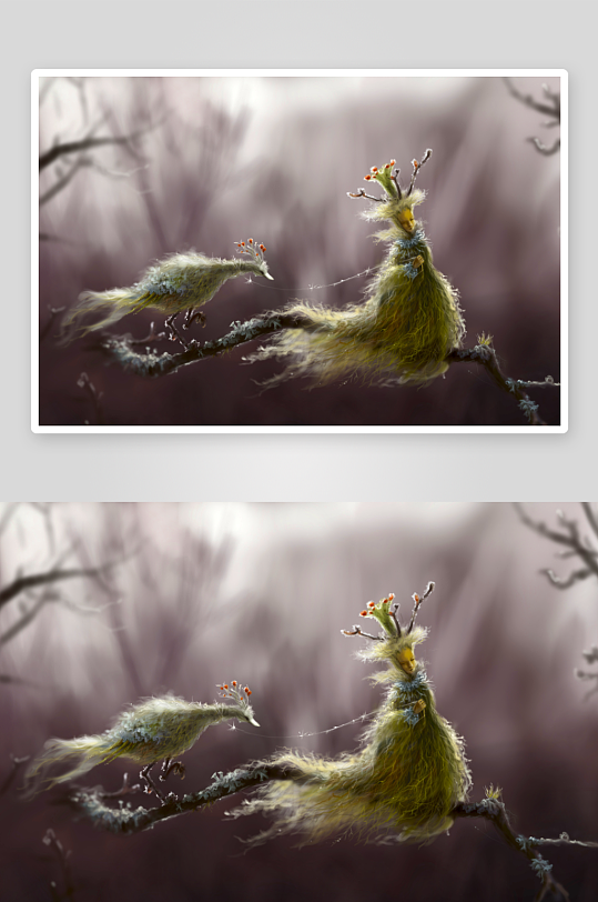 奇幻树枝上的毛绒生物-众图网