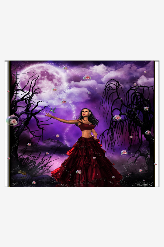 奇幻夜空下红裙女子与枯树-众图网