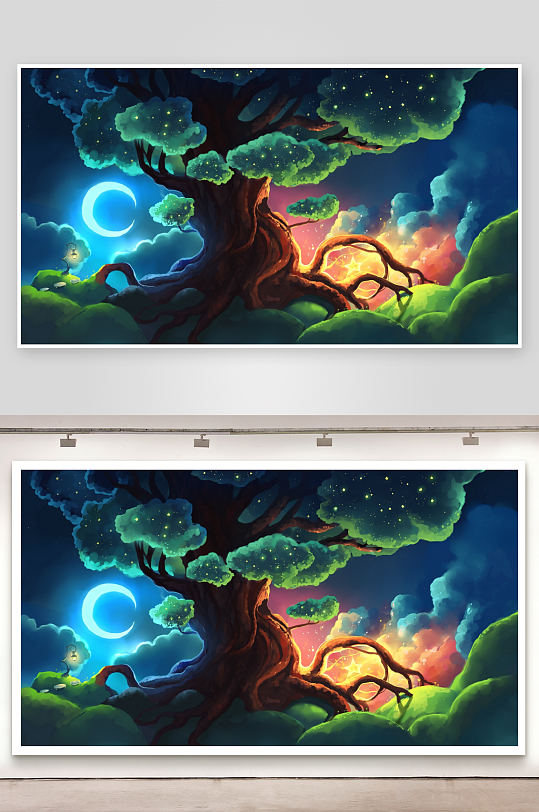 奇幻夜空大树与弯月-众图网