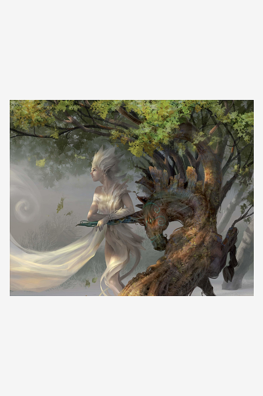 奇幻森林中人形生物与树灵相伴-众图网