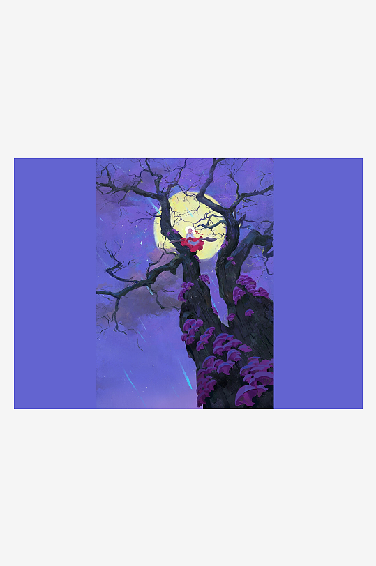 奇幻夜空树上红衣女子-众图网