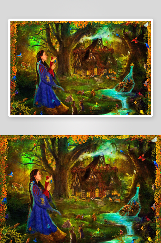 奇幻森林中女子与动物共处-众图网