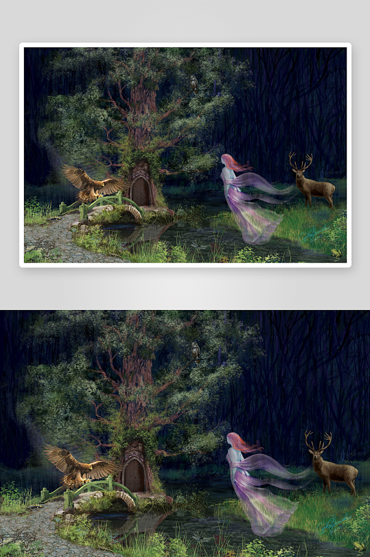 奇幻森林中女子与动物共舞-众图网