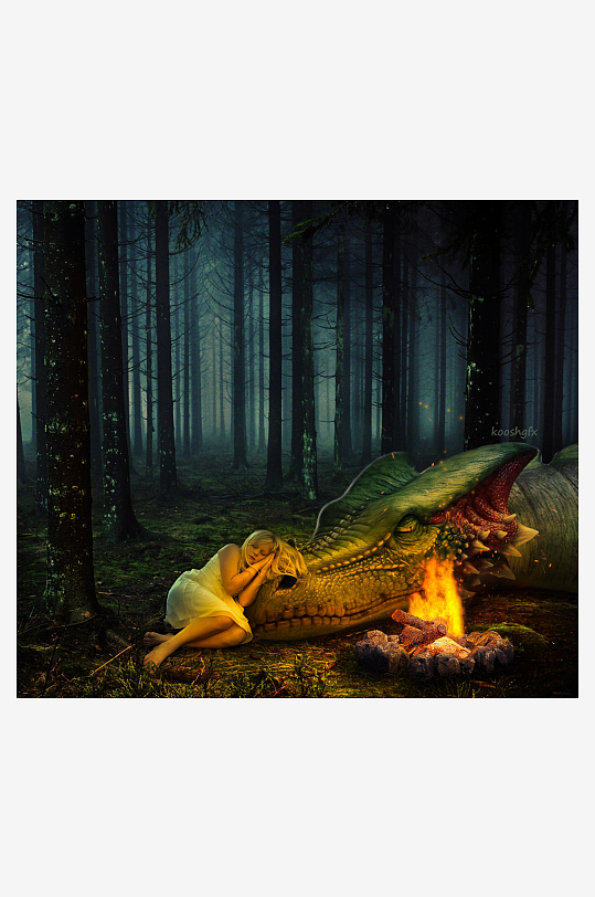 奇幻森林中女子与巨龙相伴-众图网