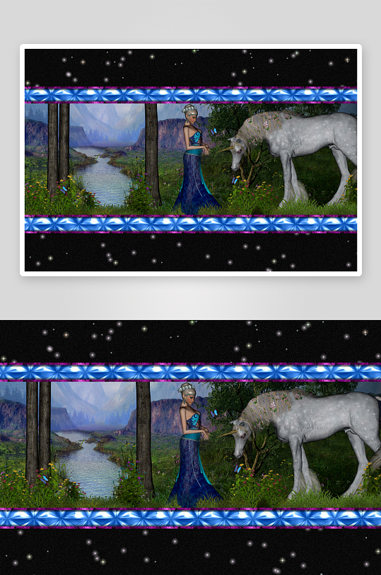 奇幻森林中女子与白马独角兽-众图网