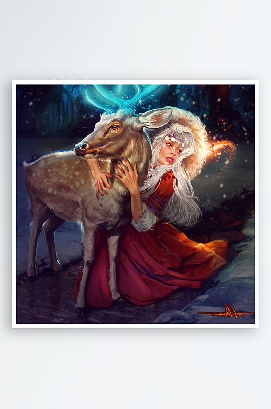 奇幻森林中女子与鹿的亲密互动-众图网