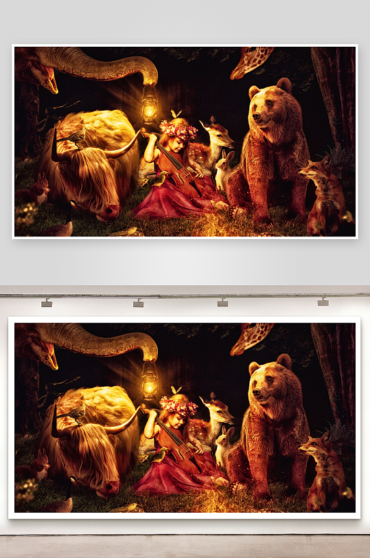 奇幻森林中女孩与动物共奏乐章-众图网