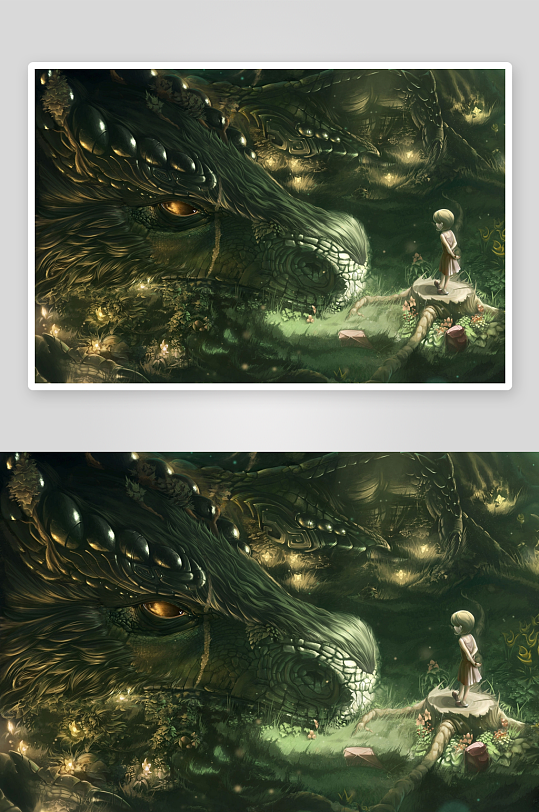 奇幻森林中女孩与巨龙对视-众图网