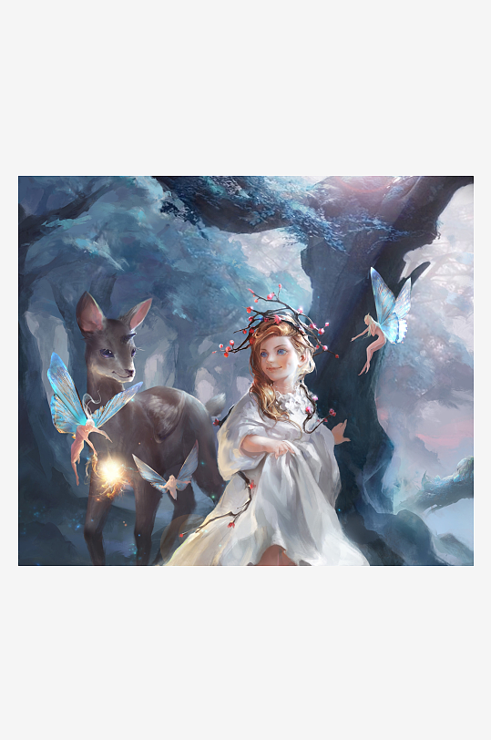 奇幻森林中少女与精灵鹿-众图网
