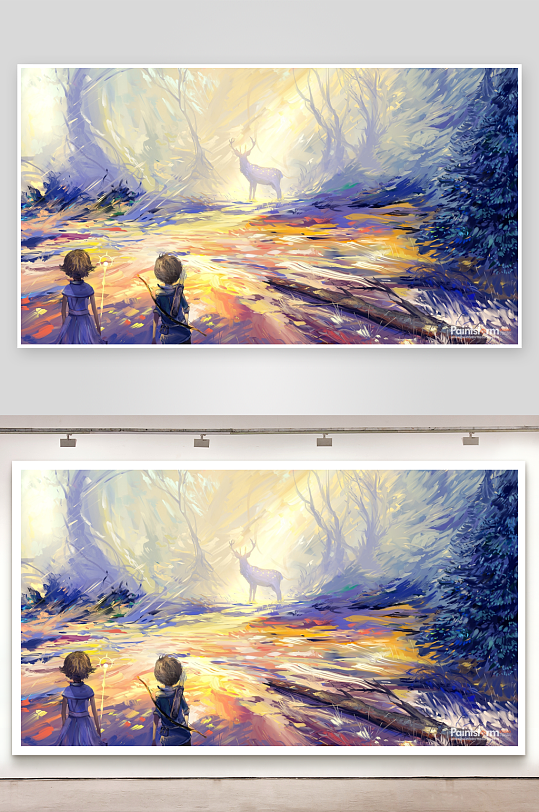 奇幻森林中少年与鹿的邂逅-众图网