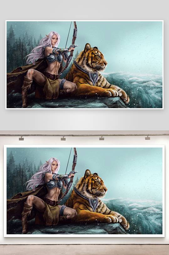 奇幻森林中弓箭手与老虎相伴-众图网