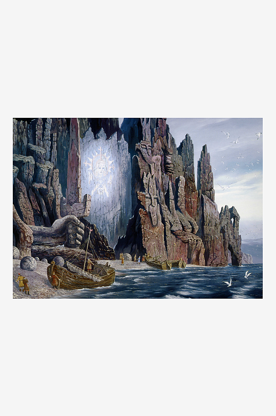 奇幻海岸悬崖壁画与船只-众图网