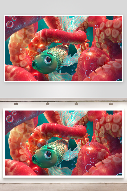 奇幻海底章鱼与鱼共生场景-众图网