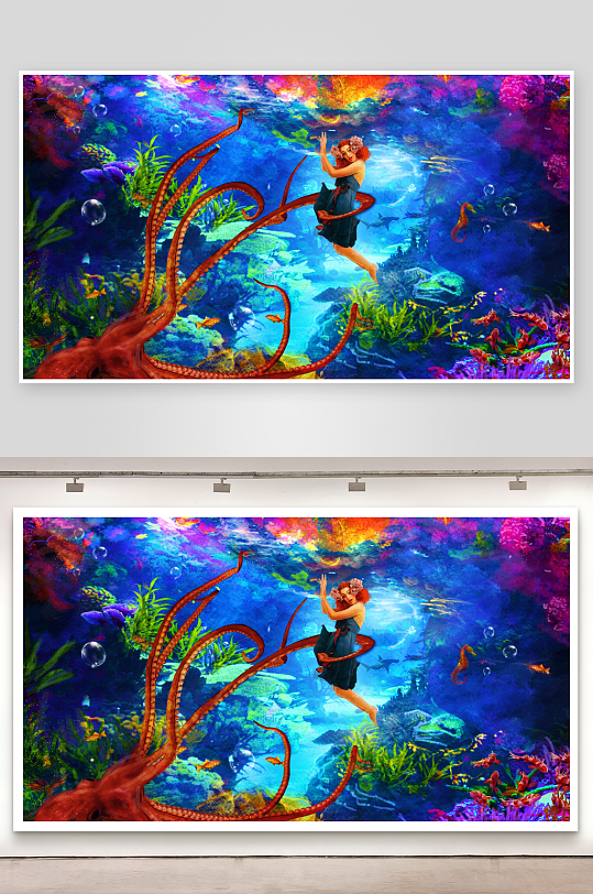 奇幻海底美人与章鱼共舞场景-众图网