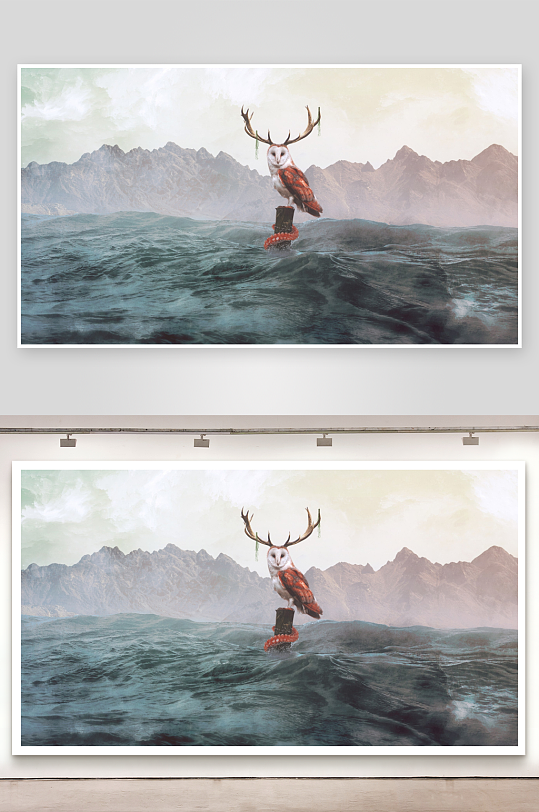 奇幻海景鹿角猫头鹰栖息于波涛-众图网