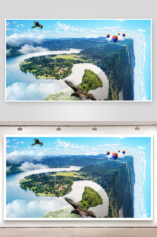 奇幻湖景飞鸟热气球-众图网