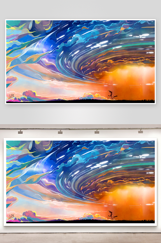 奇幻漩涡天空下的奔跑剪影-众图网