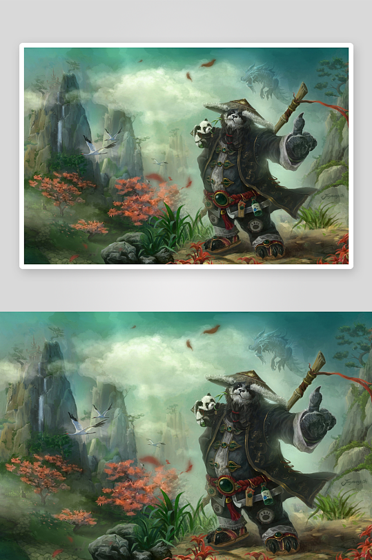 奇幻熊猫武士立于山水间-众图网
