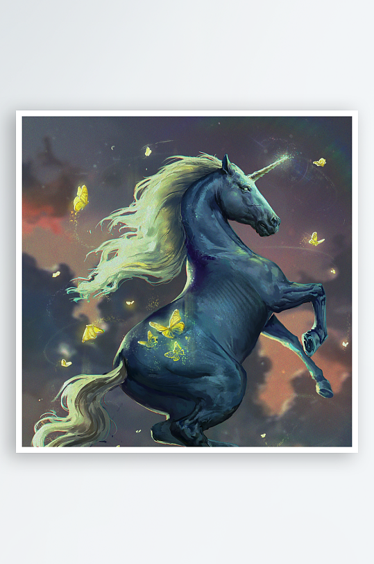 奇幻独角兽与飞蝶共舞夜空-众图网
