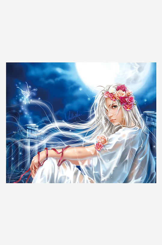 月夜花环少女梦幻场景-众图网