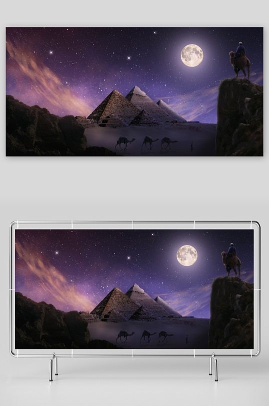 月夜金字塔骆驼队-众图网