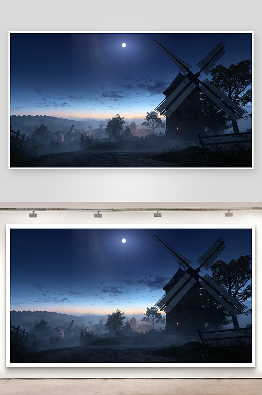 月夜风车乡村静谧景象-众图网