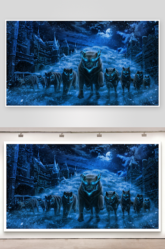 月夜雪地狼群行进场景-众图网