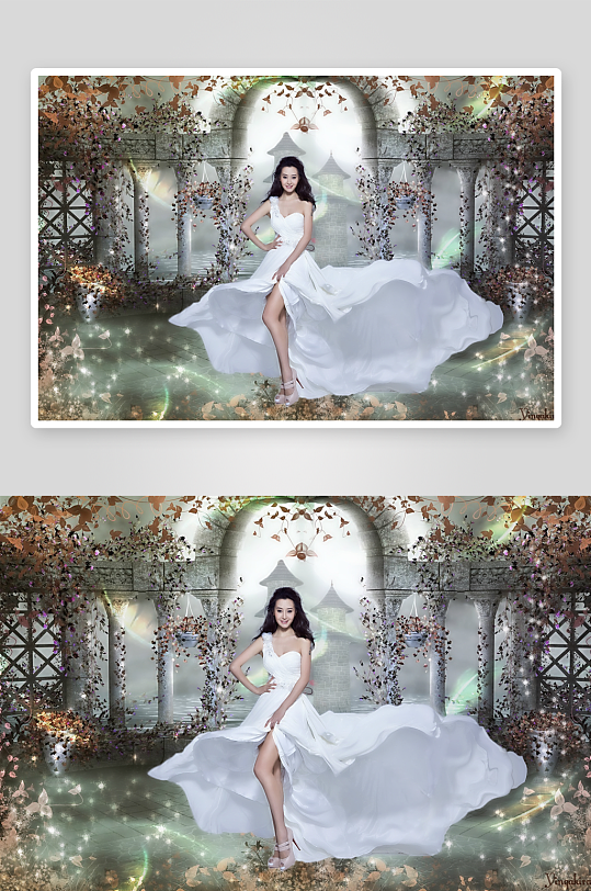 梦幻仙境中白衣女子优雅伫立-众图网