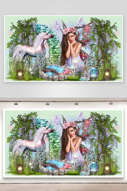 梦幻仙境中的独角兽与美人-众图网