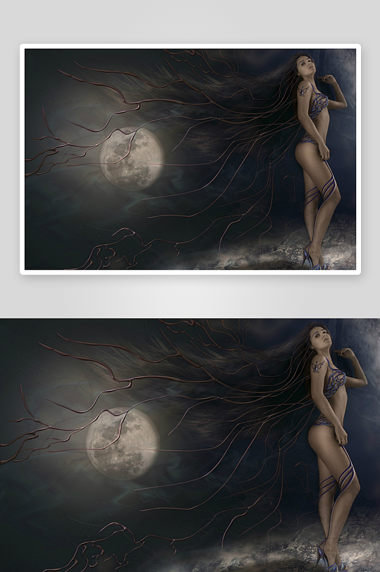 月夜魅影长发女子与神秘线条-众图网