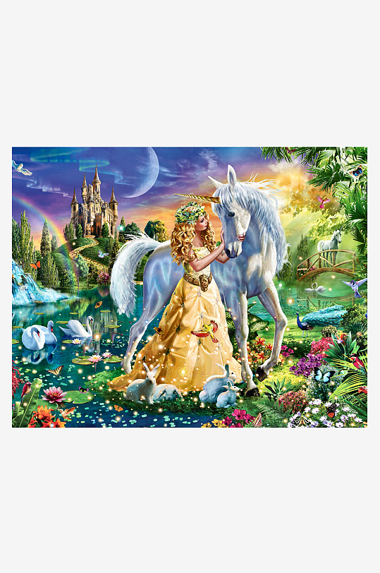 梦幻仙境少女与独角兽-众图网