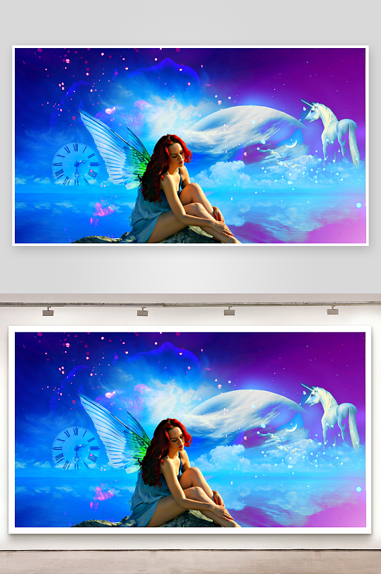 梦幻仙女与独角兽共舞夜空-众图网