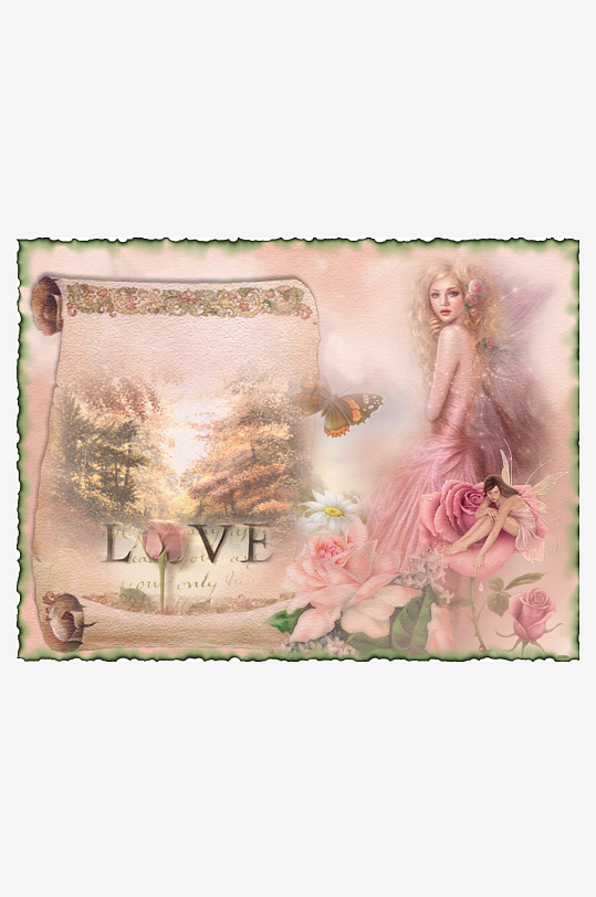 梦幻仙女与玫瑰花卷轴艺术画-众图网